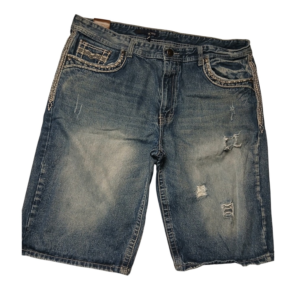 Gramercy GS115 Mens Slim Fit Distressed Embroidered Denim Shorts Blue VTG Sz 38 - Picture 3 of 10